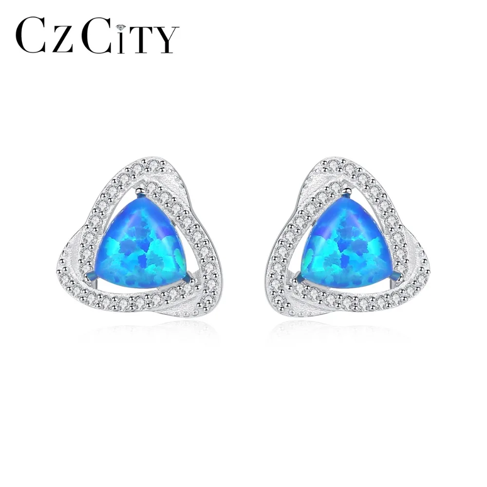 CZCITY 925 Sterling Silver Luxury 6mm Fire Opal Stud Earrings for Women Blue/White/Green Brightly Fine Jewelry Brincos | Украшения и
