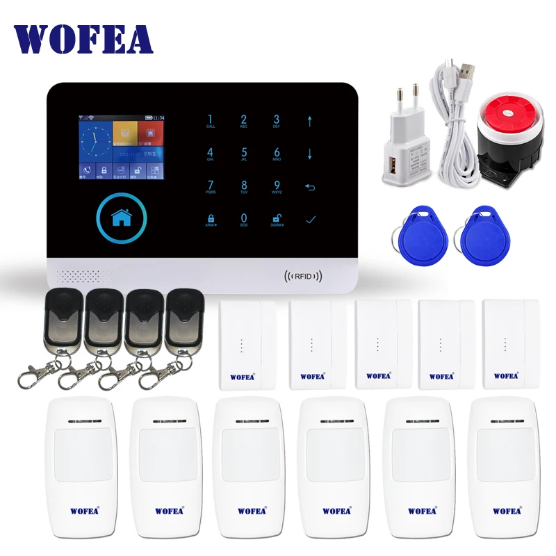 WOFEA Беспроводной Wi-Fi GSM сигнализация сенсор комплект SIM GSM домашняя RFID защита от взлома ЖК-дисплей сенсорный клавишный английский, русский, испанский