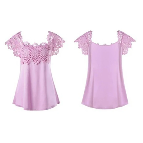 Women T-Shirts Solid Color Splice Lace Embroidery Round Collar Short Sleeves Tops for Summer FDC99 | Женская одежда