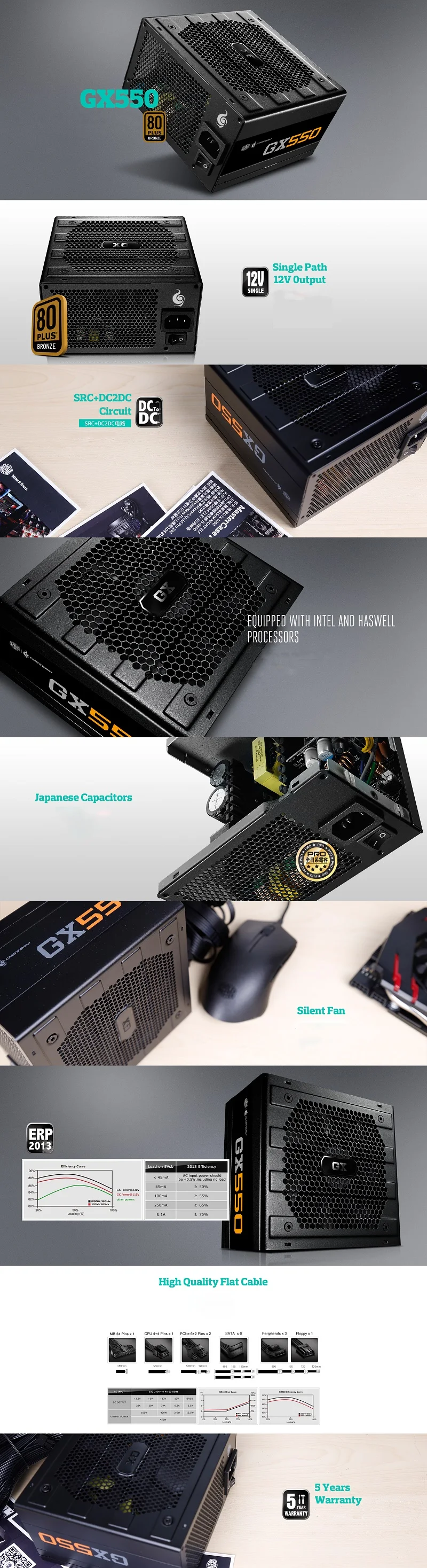 Cooler Master GX550 Номинальный 550 Вт компьютерный источник питания 12 см вентилятор 12 В для игр и офиса ПК PSU японский конденсатор 550 Вт BRONZ 80PLUS