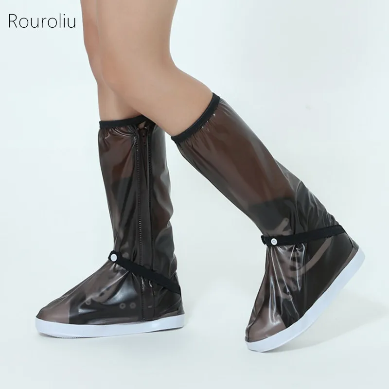 Rouroliu Women Men Cycling Waterproof Shoes Covers Knee-high Reusable Slip-resistant Overshoes Rain Boots Large Sizes FR71