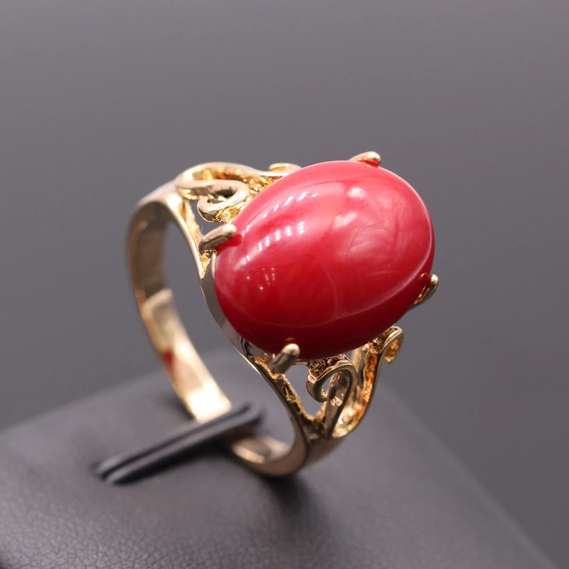 GZJY Стильное женское кольцо овальное натуральное Настоящее красное Коралловое Золотое кольцо для женщин Свадебные украшения