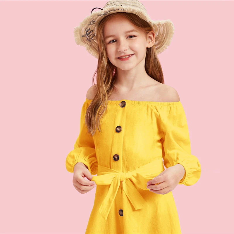 SHEIN/повседневное платье макси для девочек с открытыми плечами, пуговицами и поясом спереди; коллекция года; Летние Детские платья с длинными рукавами