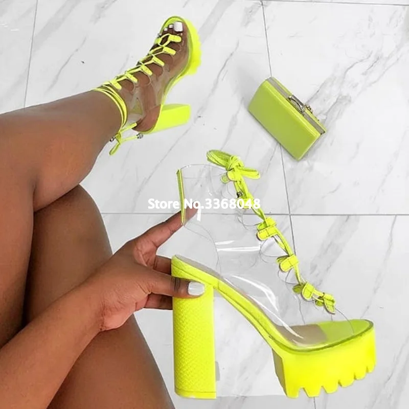 Murah Cross-Tied Sexy Peep Toe PVC Transparan Wanita Pompa Chunky Kuning Sepatu Hak Tinggi Belakang Terbuka Musim Panas Sandal Gladiator Sepatu Pesta