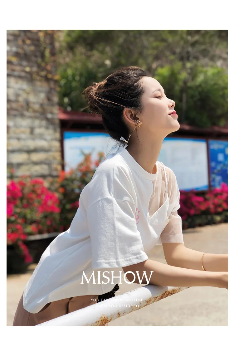 Mishow, лоскутные, прозрачные, с буквенным принтом, хлопок, одноцветные, короткий рукав, повседневные, женские футболки,, летние, сексуальные, свободные топы MX18A3337