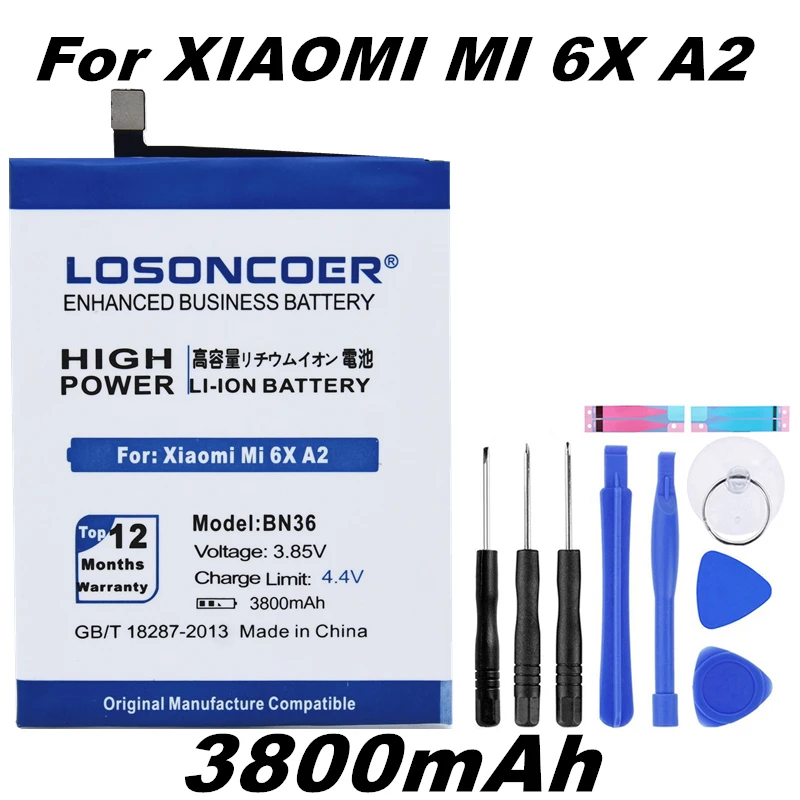LOSONCOER BN36 3800 мАч Сменные Аккумуляторы для Xiaomi mi A2 mi A2 mi 6X mi 6X хорошее качество батарея для смартфона