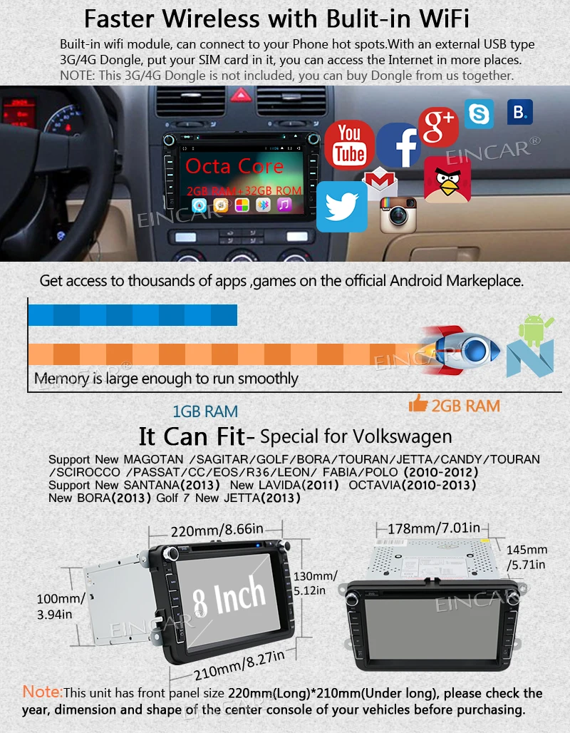 EinCar 8 ''Android 7 1 2 ГБ + 32 двойной 2Din стерео видео ресивер gps автомагнитолы DVD CD