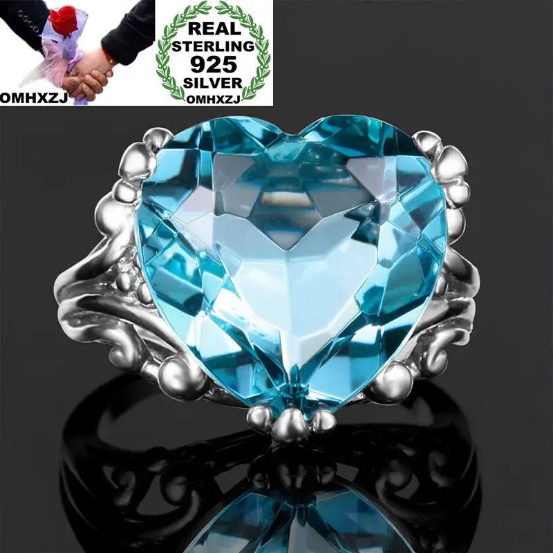 

OMHXZJ Wholesale European Fashion Woman Girl Party Wedding Gift Silver Blue Heart Topaz 925 Sterling Silver Ring RR109