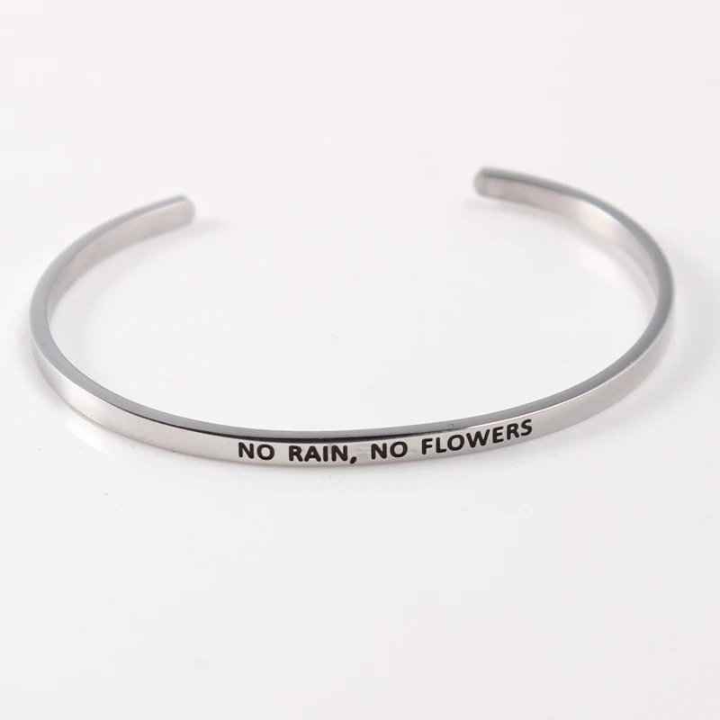 NO RAIN NO FLOWERS Новейшая нержавеющая сталь Выгравированная позитивная вдохновляющая Цитата ручной отпечаток манжета браслет с мантрой браслеты для мужчин и женщин лучшие подарки - Окраска металла: NO RAIN NO FLOWERS