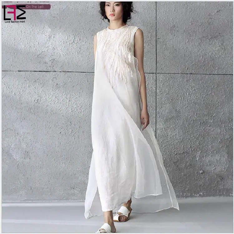 2017 Womens Summer Embroidery Casual Dress Women Sleeveless Linen Guaze False two pieces Maxi Y03208 | Женская одежда