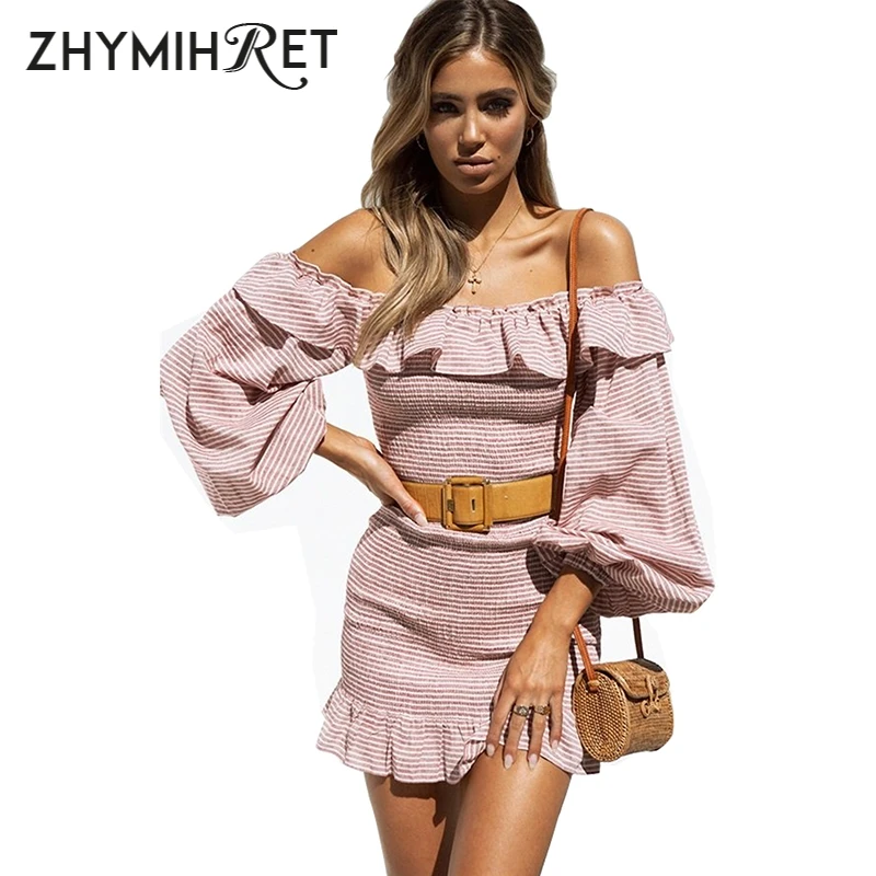 ZHYMIHRET/розовые платья в полоску с вырезом лодочкой для девочек осенние облегающие