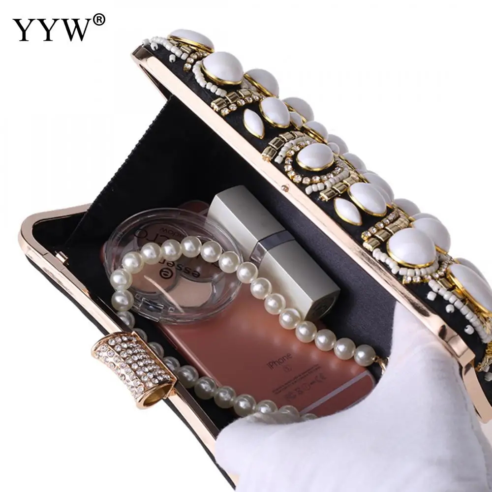

Fashion Apricot Women Pearl Beaded Crystal Party Evening Bag Bridal Wedding Square Luxury Party Bag Clutch Purse Black Handbag