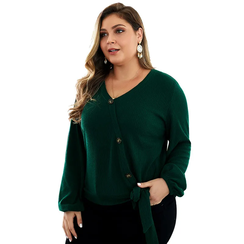 NORMOV Large size woman clothing Sweater 2019 Autumn Winter warm V-neck sweaters 4XL sweater Oblique button big | Женская одежда