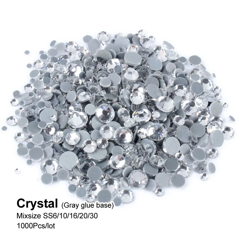 Crystal Gray glue Горячая Распродажа, разноцветные блестящие стразы с горячей фиксацией, SS6-SS30, стеклянные стразы с плоским основанием, 1000 шт., украшение для одежды, сделай сам - Цвет: Crystal Gray glue