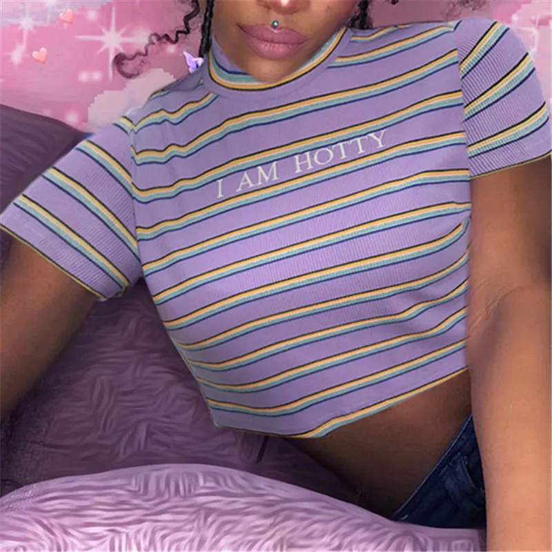 Женская футболка с принтом в полоску Корейском стиле укороченный топ короткими