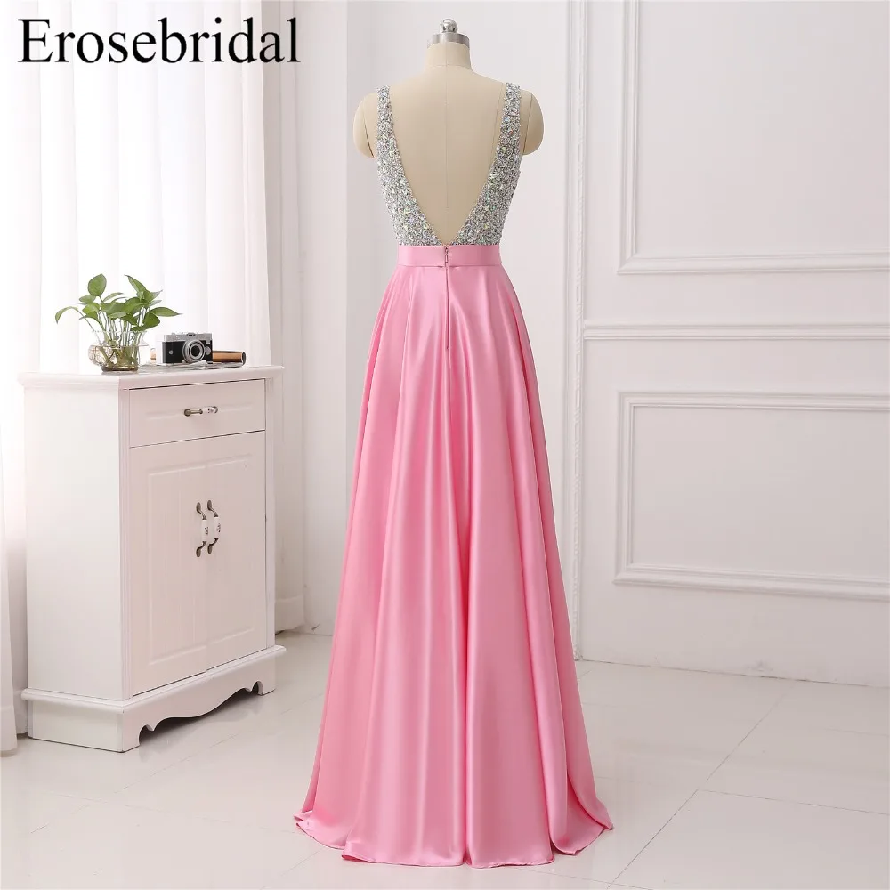 Erosebridal вечернее платье длинное линия V шеи халат, украшенный бисером De Soiree мягкий Атлас формальное платье женское элегантное платье