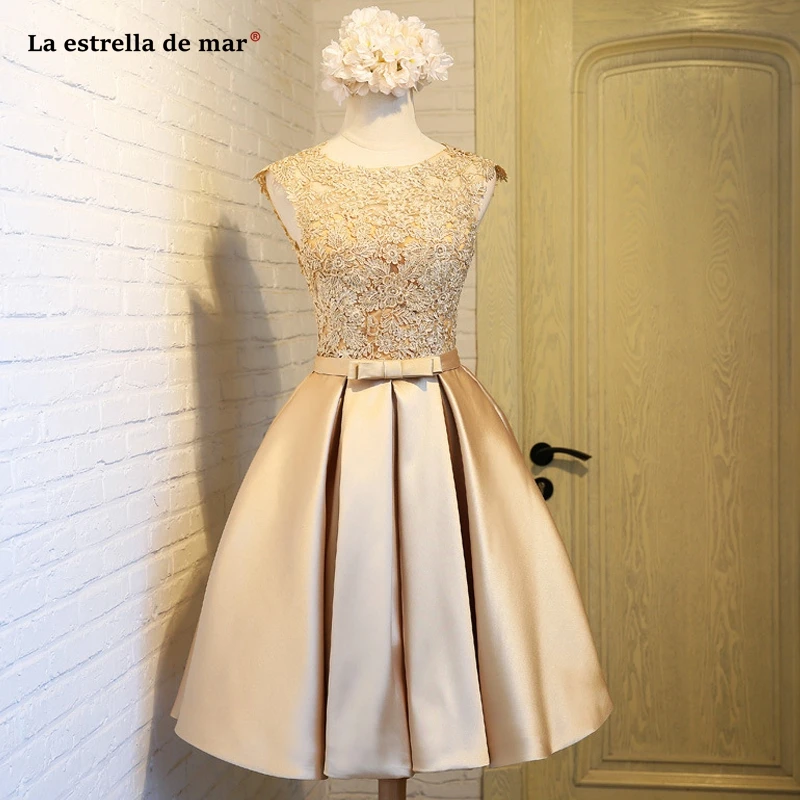 Женское атласное платье с кружевом Короткое свадебное цвета шампанского