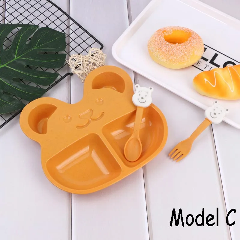 Тарелка для риса с вилкой и ложкой набор из пшеничной соломы посуда мультяшным