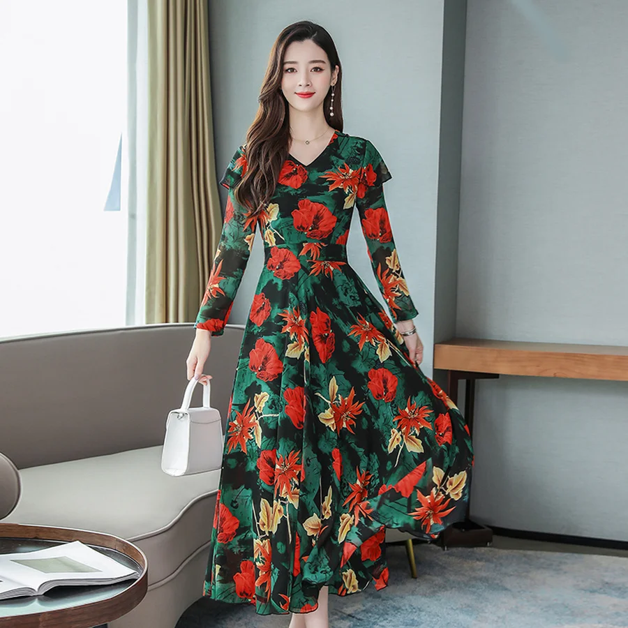 2019 Винтаж 3XL плюс размер цветочные шифоновые миди платья осень зима платье макси