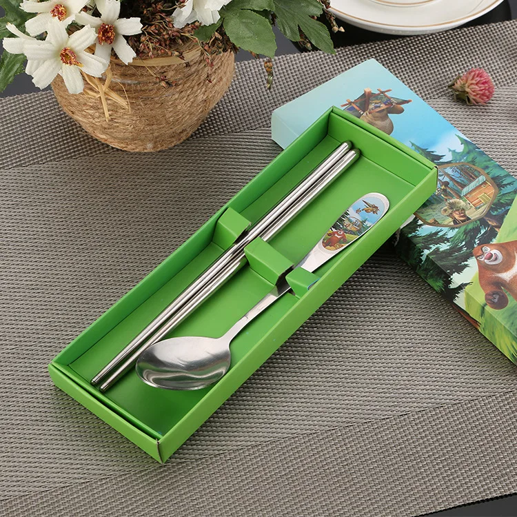 200sets stainless steel tableware suit chopsticks cartoon two pieces of children's portable wholesale | Дом и сад