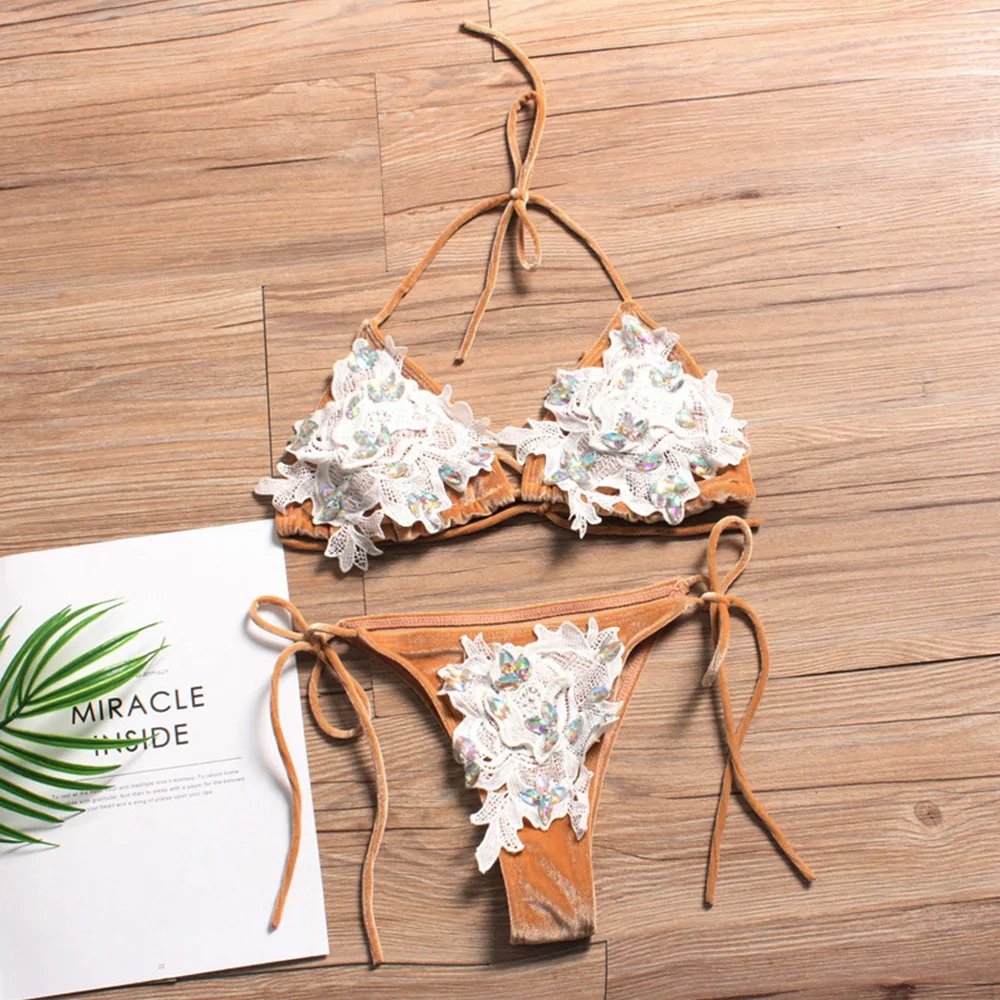 FS Velvet Rhinestone Diamond Bikini Sets Swimsuits Thong Swimwear For Woman Lace Strap Tie Halter High Cut Ladies Two Pieces L | Спорт и