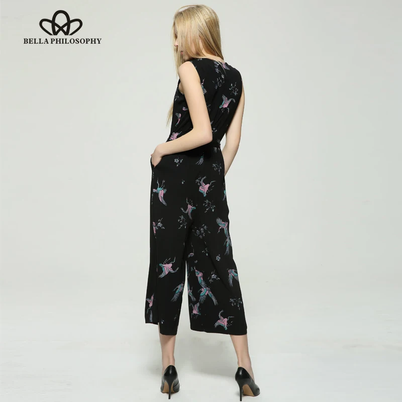 Женский комбинезон Bella Philosophy белый до щиколотки с принтом птиц о образным вырезом