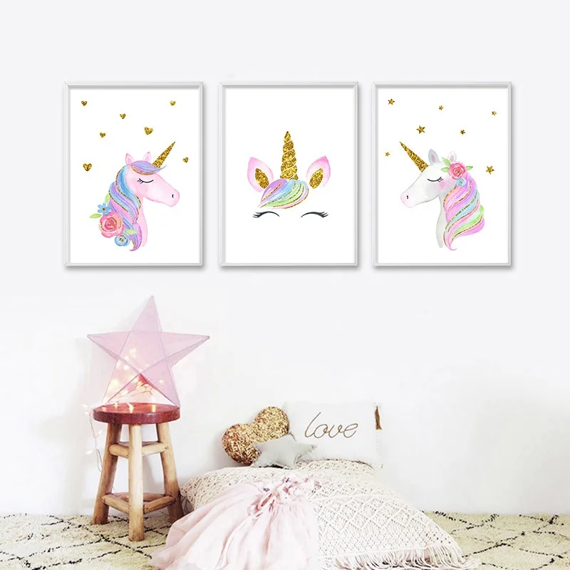 В виде единорога из мультфильма акварель плакат для детской Wall Art Печать холст