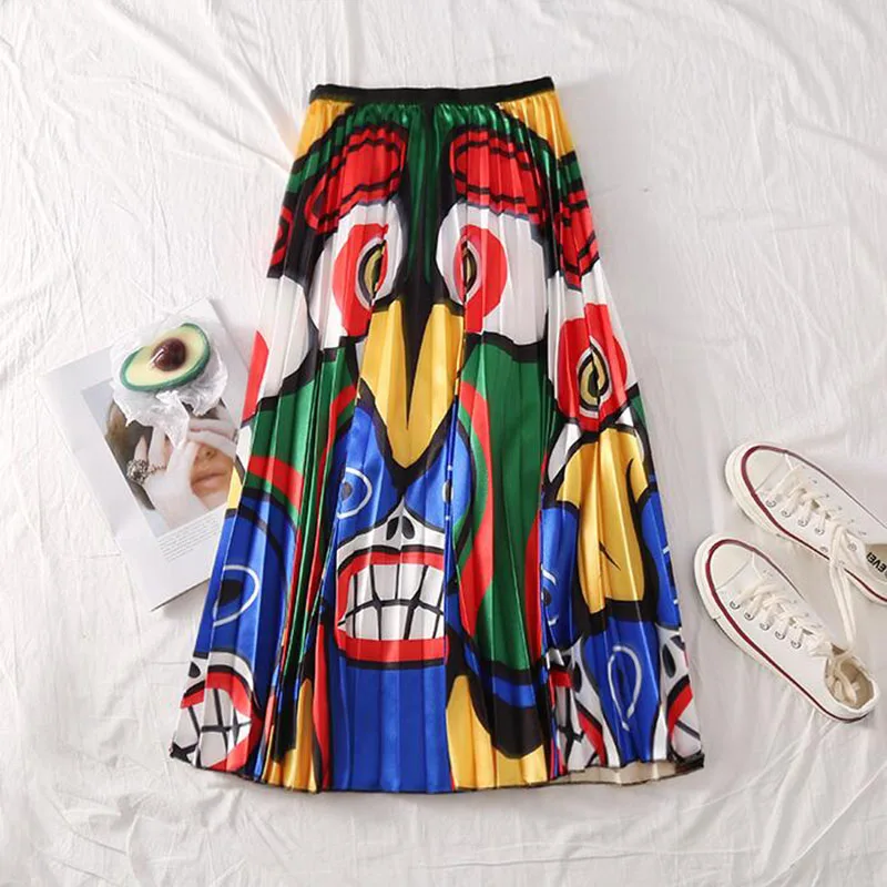 

Women Skirts Fashion 2019 Contrast Pleated Skirt Women Elastic High Waist Spring Summer Skirts Womens A Line Long Skirt WD002