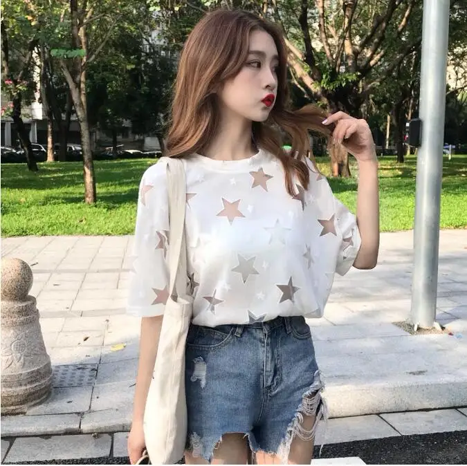 2018 new summer star hollow out loose mesh t-shirt | Женская одежда
