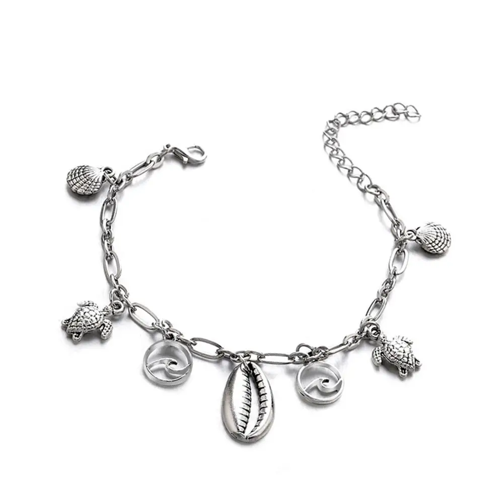 Xy Красивый Новый Женский Серебристый Цвет Простой Универсальный Браслет с Подвеской для Наручничка С Ракушкой Морской Звездой Черепахой и Конхом Кэжуал Ювелирное Изделие.