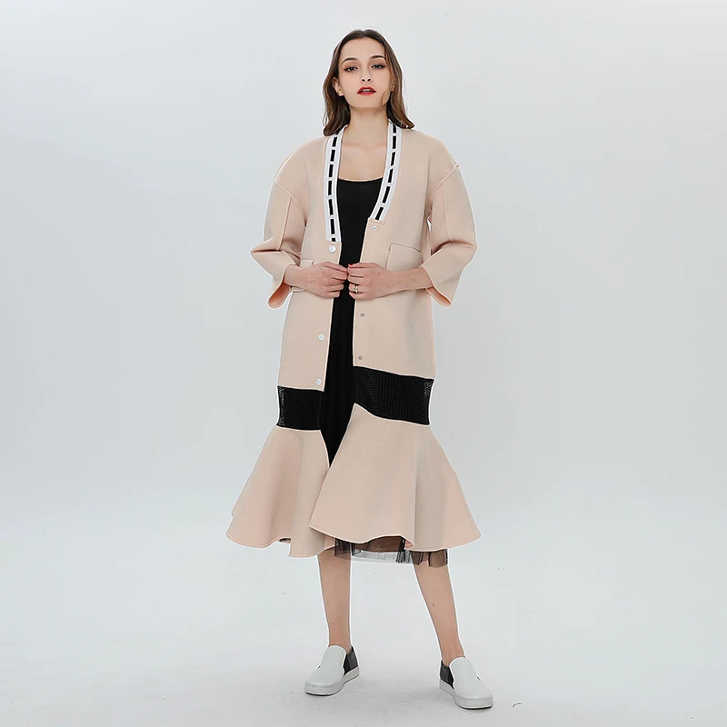 TWOTWINSTYLE Hollow Out Windbreaker For Women V Neck Patchwork Single Breasted Midi Trumpet Trench Coats Spring Fashion Clothing | Женская