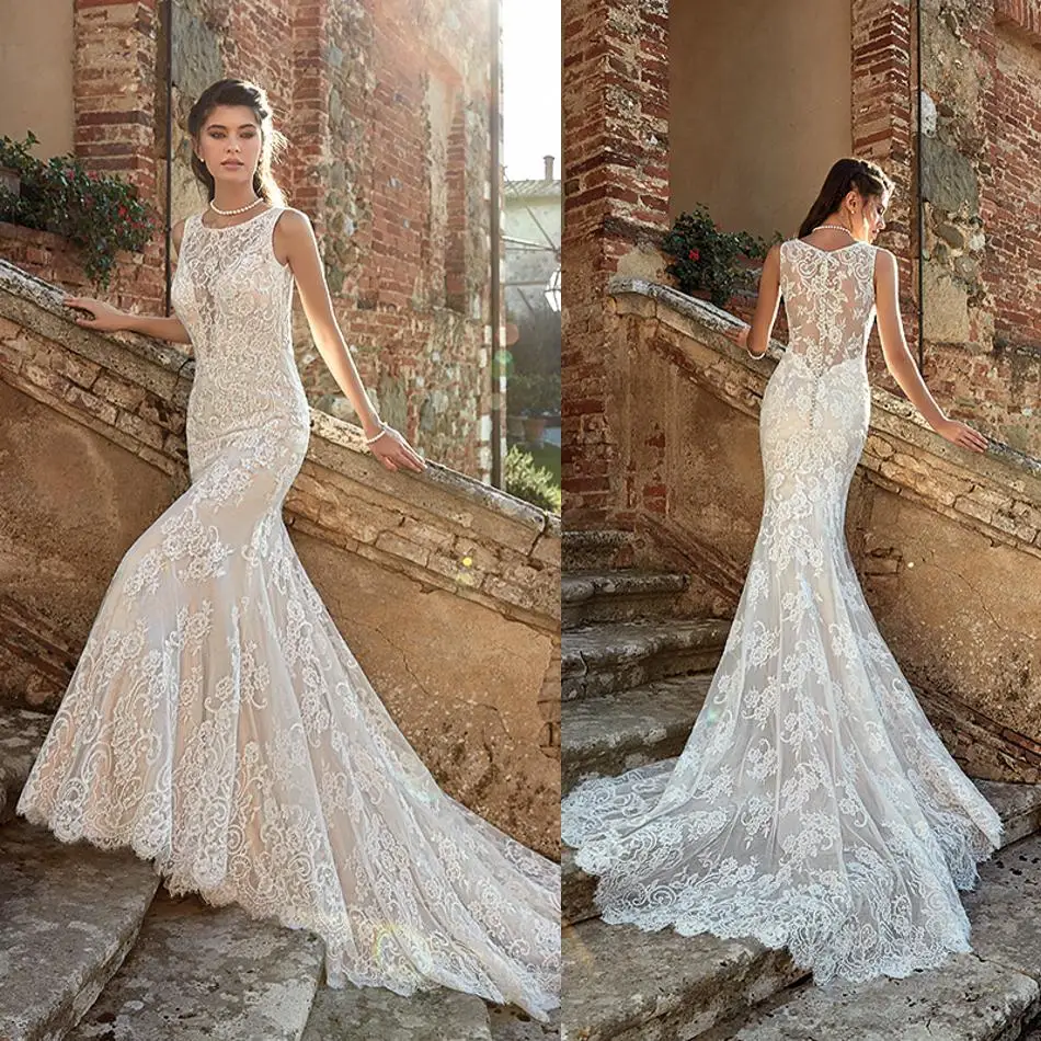 

2019 Fashion Wedding Dresses O-Neck Sleeveless Lace Appliques Garden Bridal Gowns Custom Made Sweep Train Mermaid Wedding Dress