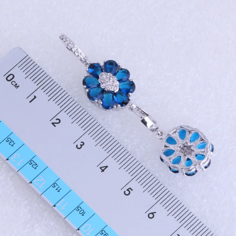 Серьги-подвески женские серебристые с синим кристаллом и белым фианитом |