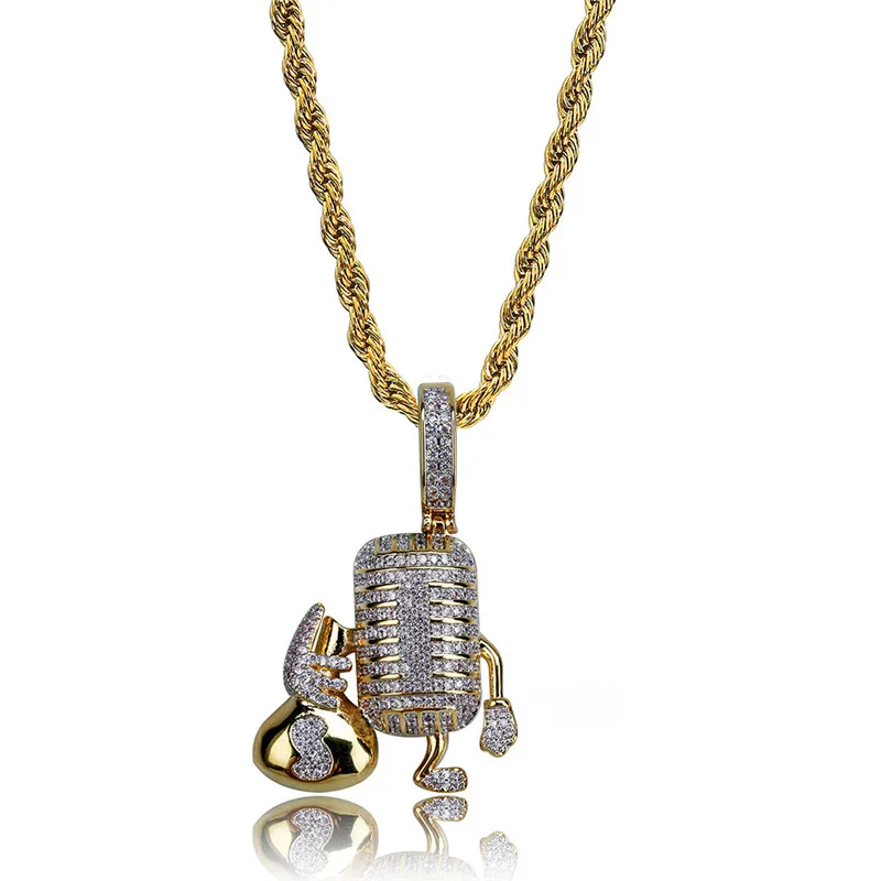 Hip Hop Jewelry Microphone Pendant Necklace With Chain for Men New Fashion Punk Micro Pave Zircon | Украшения и аксессуары