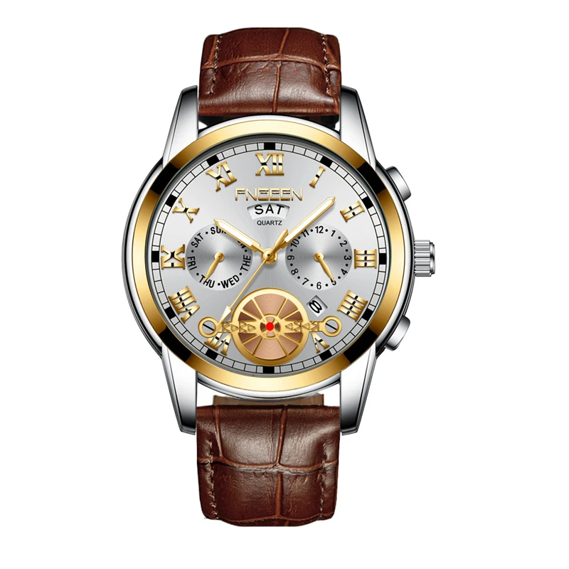 Leather Gold White Мужские часы водонепроницаемые кварцевые бизнес мужские s часы лучший бренд класса люкс мужские часы Дата Неделя дисплей повседневные военные спортивные наручные часы - Color: Leather Gold White
