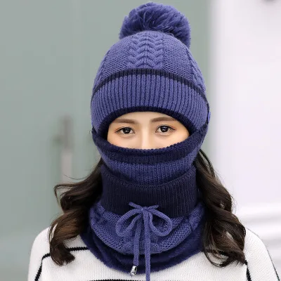 Navy blue 1 set Новинка, брендовая зимняя шапка с помпоном, Женская Балаклава, вязаный шарф и шапка, наборы масок для мужчин и женщин, уличные лыжные шапочки Skullies Beanies - Цвет: Navy blue 1 set