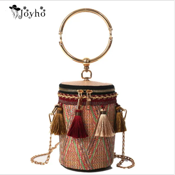 

JOYHO Japan Style Bucket Cylindrical Straw Bags Barrel-Shaped Woven Women Crossbody Bags Metal Handle Shoulder Tote Bag