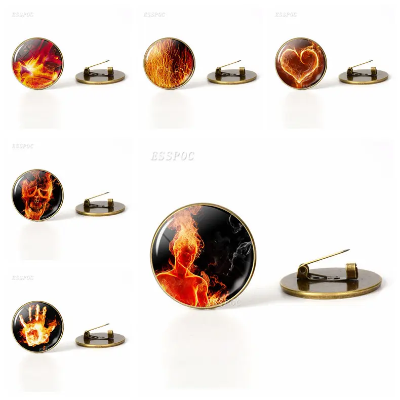 

Fire Art Glass Brooch Bronze Brooch Men Women Pins for Clothes Fire Skull and Heart Pattern Vintage Brooch