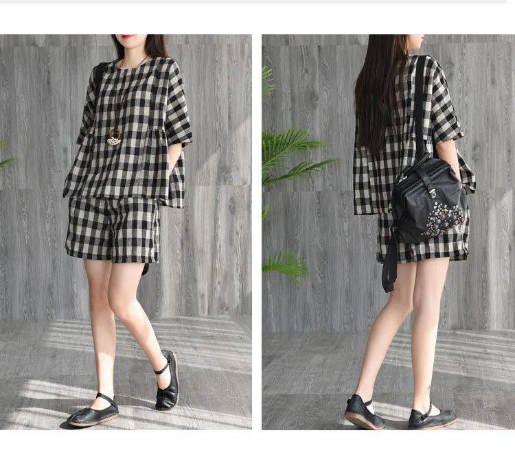 Summer Womens Cotton Linen Plaid Tops + Pants 2 Piece Set Female Blouse &amp Shorts Suit Plus Size Casual Office Lady Two |