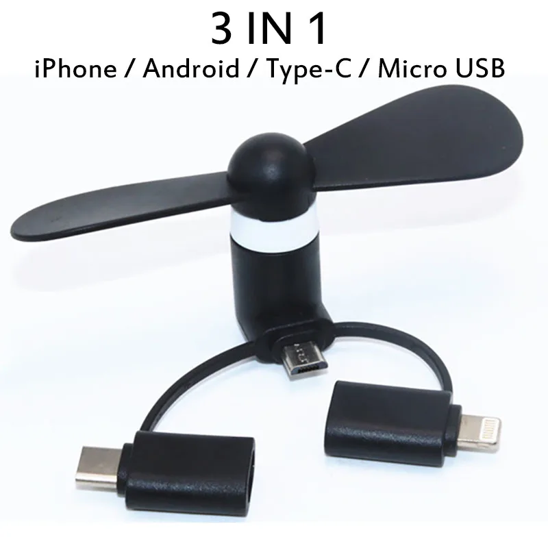 Портативный 3 в 1 охлаждающий мини-вентилятор USB вентилятор для сотового телефона для Iphone Android тип-c Hanldheld мини-вентилятор для Android Micro USB