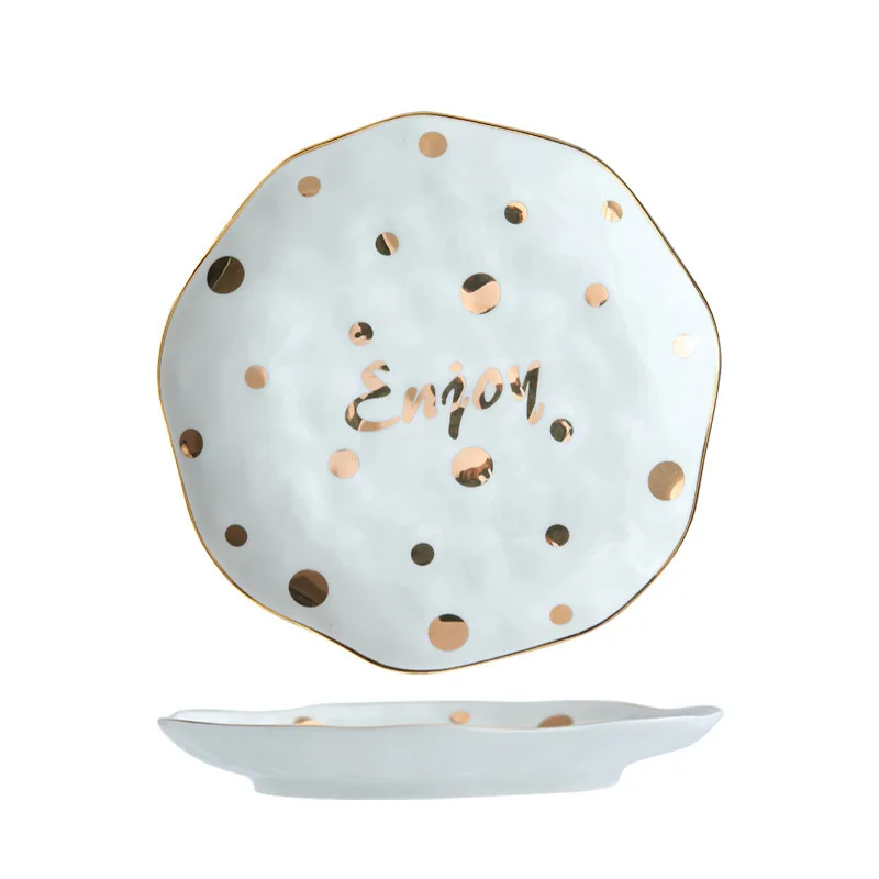 Креативная тарелка Золотая круглая в горошек керамическая посуда тарелки для