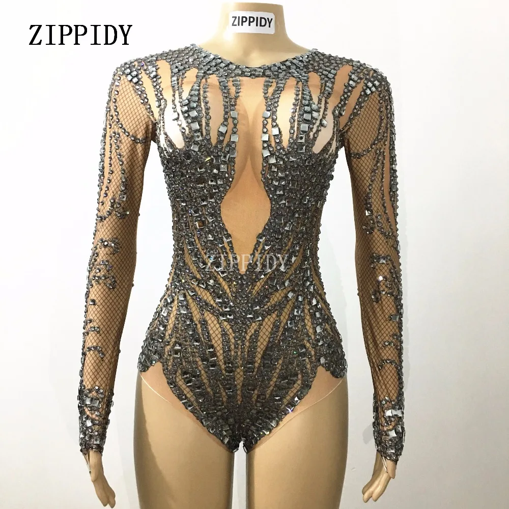 Fashion Black Crystals Nude Bodysuit Sexy Clubwea Costume Party Celebrate Glisten Rhinestones Stretch Leotard Stage Wea