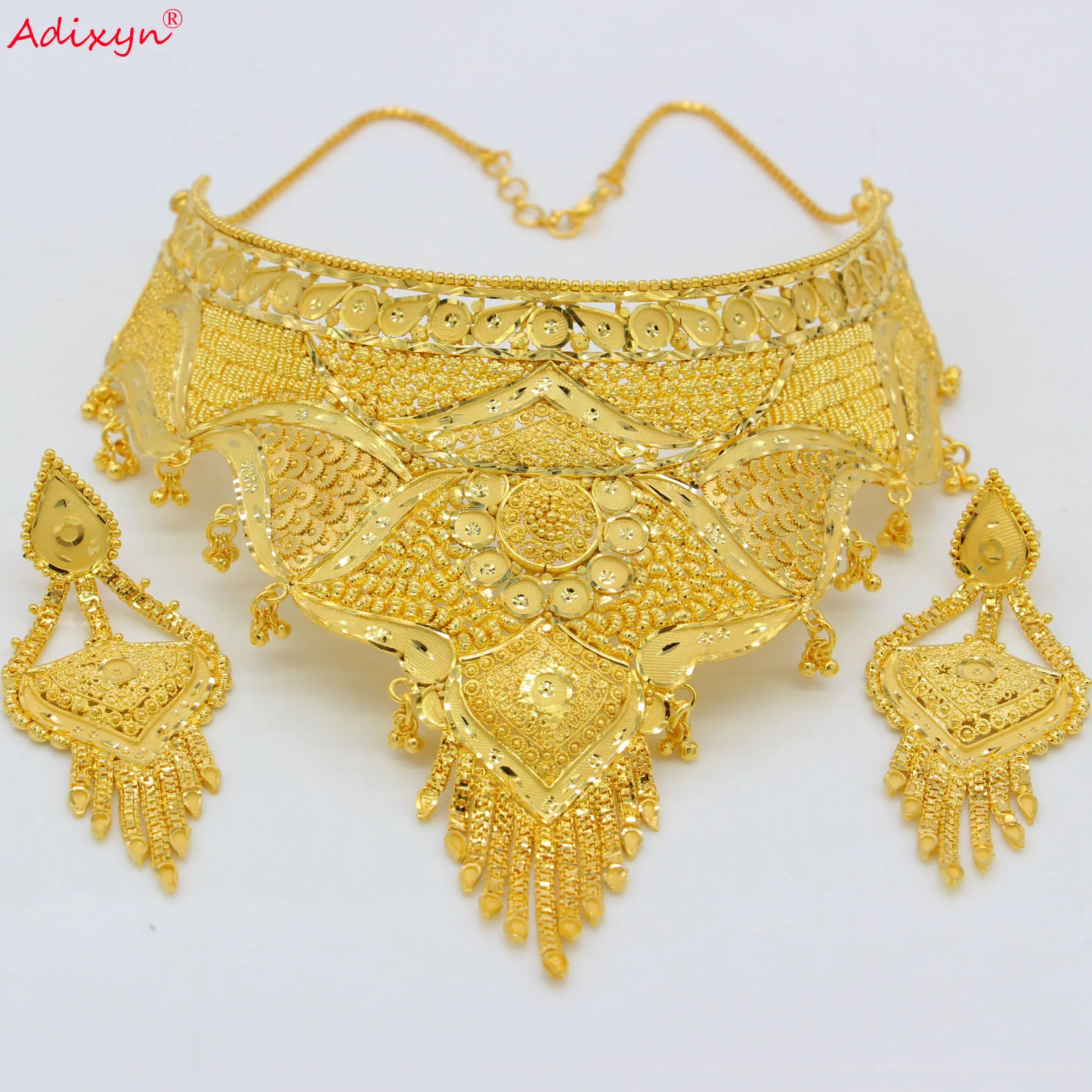 Adixyn индийские ювелирные наборы большого размера золотое ожерелье/серьги для