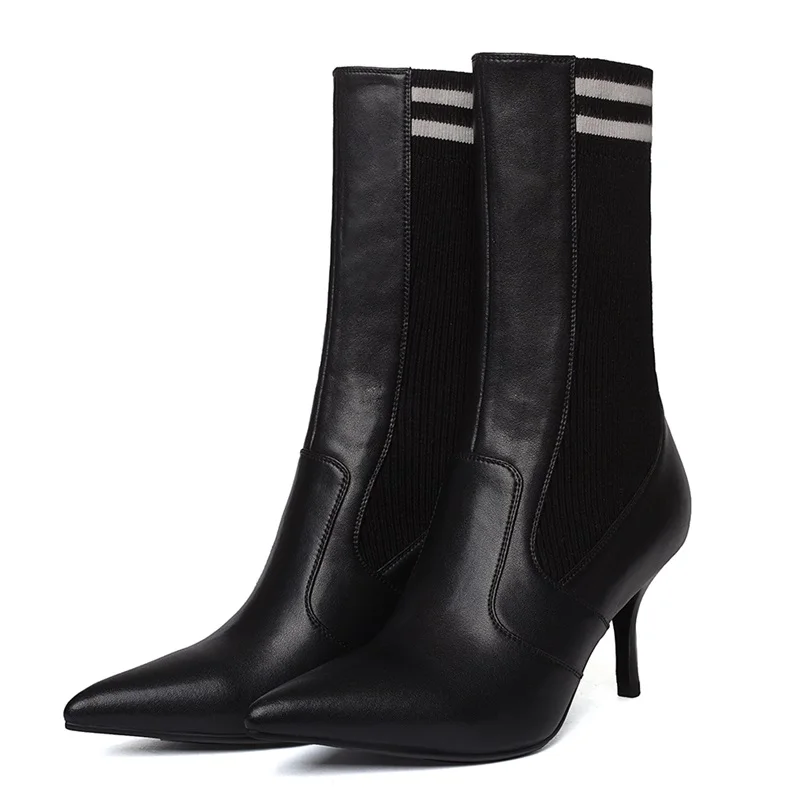 women mid calf boots hot selling autumn warm mixed colors point toe pumps thin high heels 7 cm comfort genuine leather shoes | Обувь