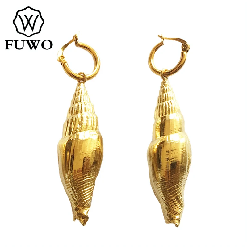 

FUWO Natural Trumpet Shell Earrings with Gold Filled Women Beach Holiday Shell Gold bijoux Hoops Jewelry ER529