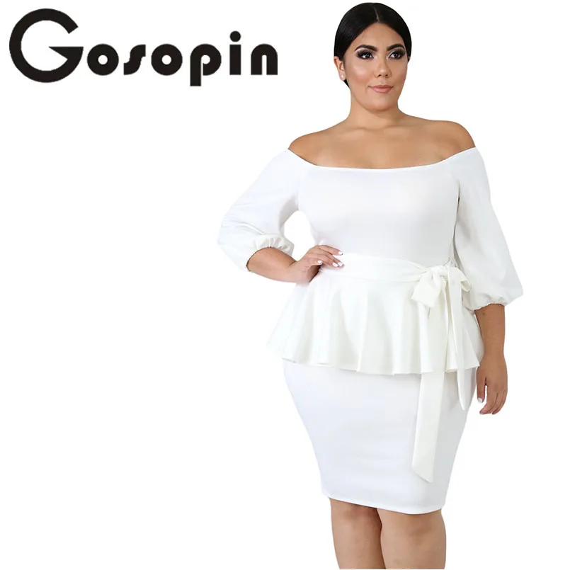 Gosopin Plus Size Party Dress Sash Tie White Peplum Sexy Women Short Gown Elegant Ruffle Bodycon Dresses Robe Femme 220596 | Женская