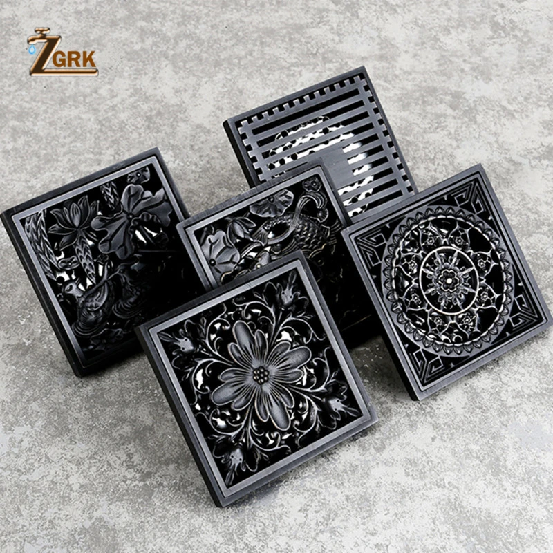 ZGRK Square 10*10 Floor Drain Black Brass Shower Drain Strainer Floor Cover Balcony Bathroom Accessories Grate Waste