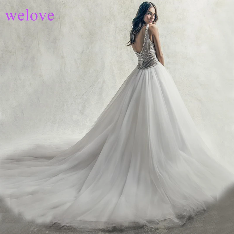 Роскошные хрустальные WeddingV-neck платье A-skirt2019 Newgown свадебное платье с открытой спиной Вечерние платья бисерные кристаллы для свадебного платья