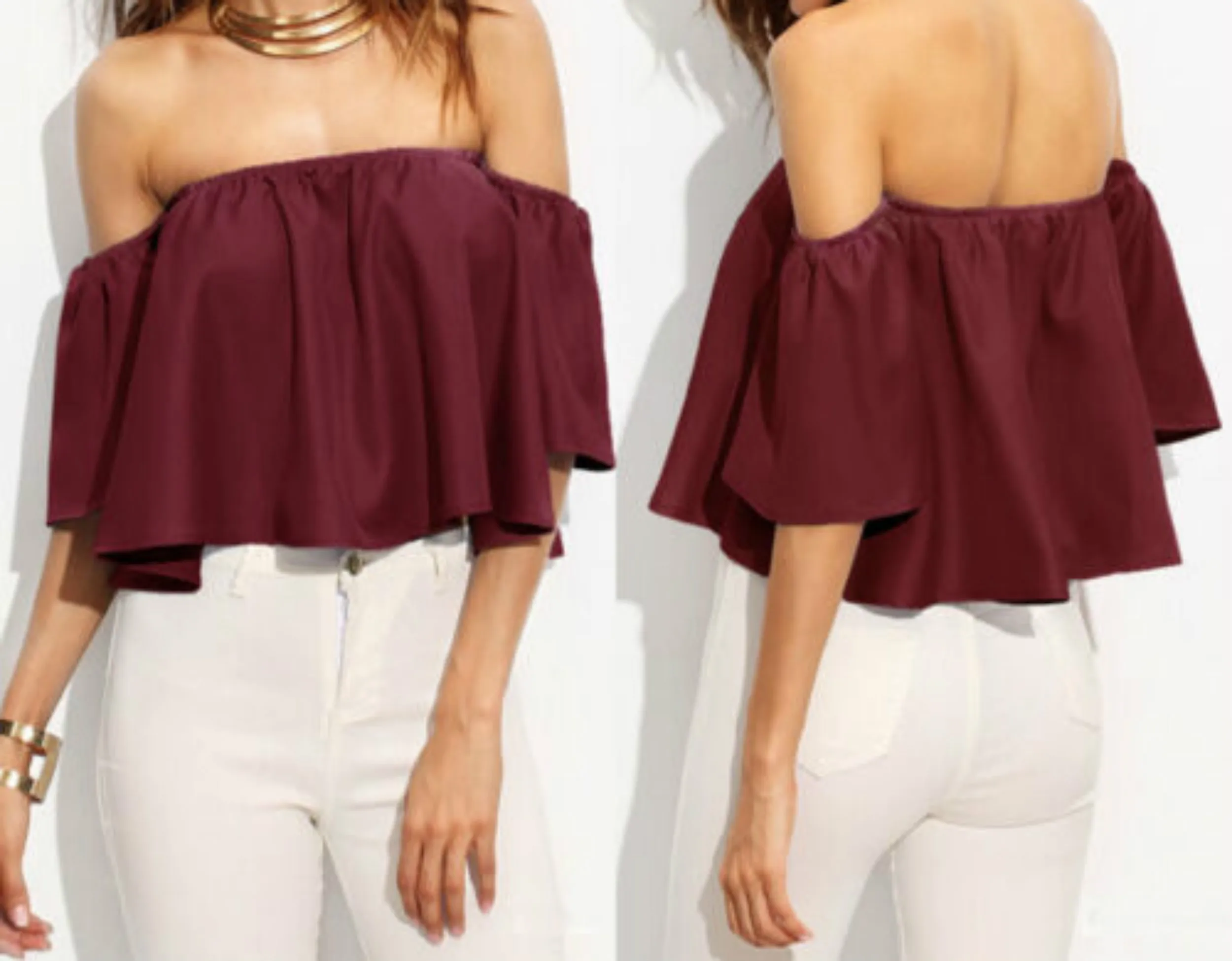 Женская футболка с открытыми плечами укороченная расклешенными рукавами лето