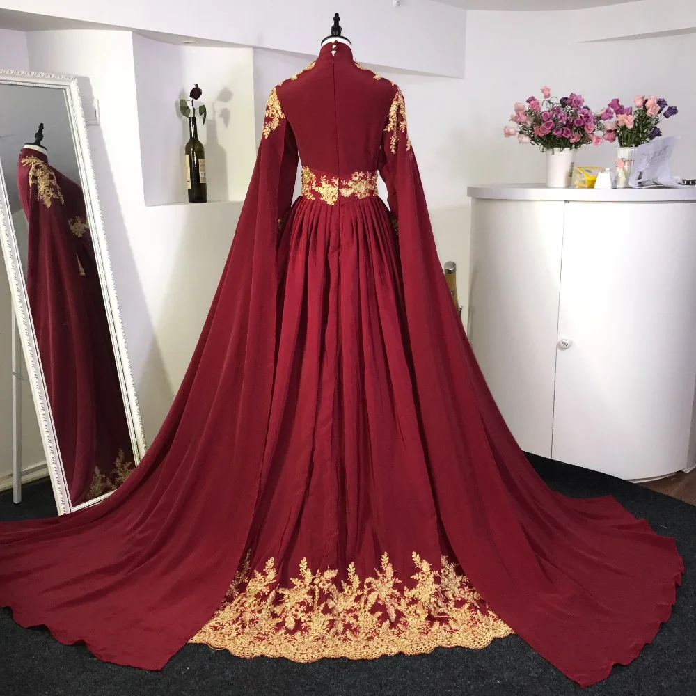 Мусульманские свадебные платья с длинным рукавом бордовые красные золотые